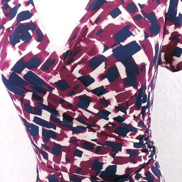 Eliza J Faux Wrap Brushstroke Print Jersey Dress Belted Purple Blue EUC Size 6